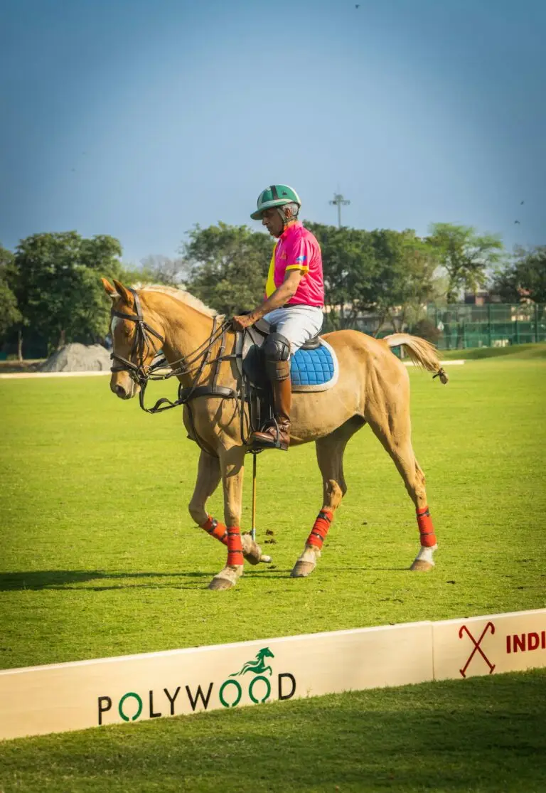A polo player riding on a grass field