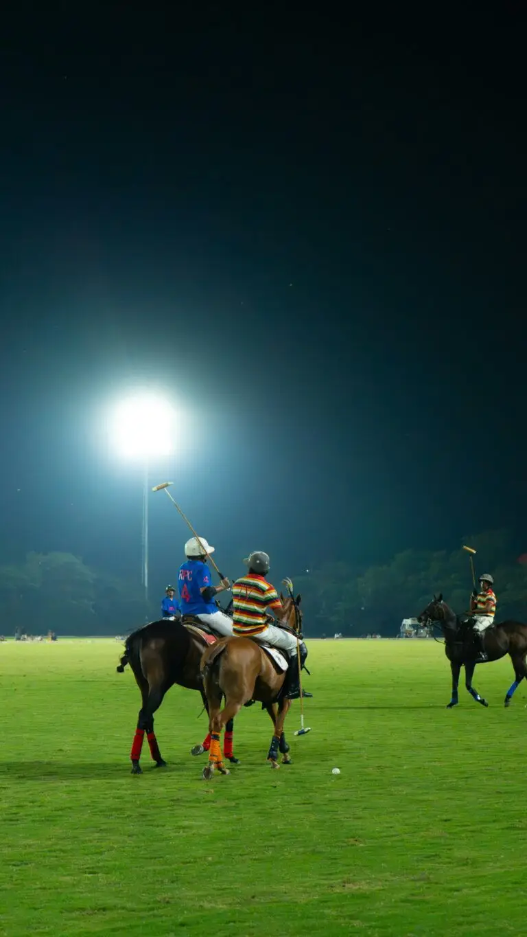 Polo players on a floodlit field